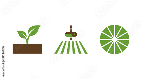 Agriculture technology icons: sprout, drone, crop field, lime slice