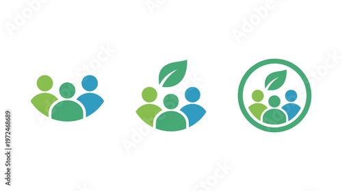 Green Community Icons: People, Leaf, Circle - Eco Teamwork and Sustainability