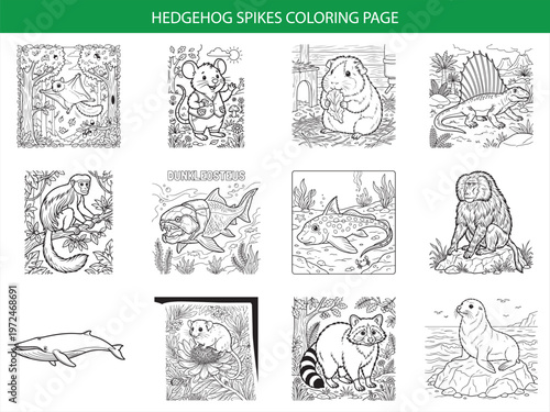 Hedgehog spikes coloring page featuring flying squirrel mouse guinea pig dimetrodon monkey dunkleosteus shark baboon whale and raccoon