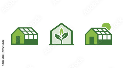 Greenhouse Icons: Solar Panels, Plant Growth, and Sustainable Agriculture