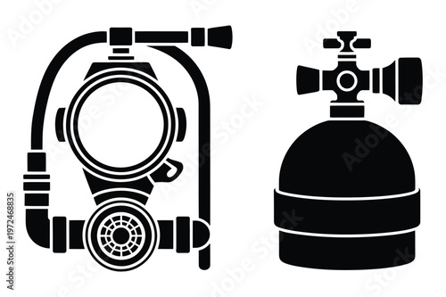 Professional scuba diving gear vector icons: mask regulator and oxygen tank cyli
