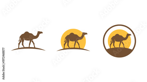 Camel Silhouette Logo Set: Desert Sun, Landscape, Circle Emblem