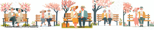 vector of a old couple sitting on a park bench drinking iced orange juice together in spring