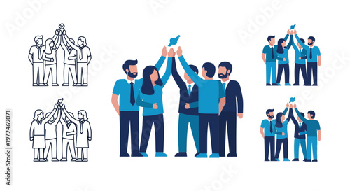 Diverse group celebrating with raised hands.