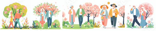 vector of a old couple walking drinking iced orange juice together in spring