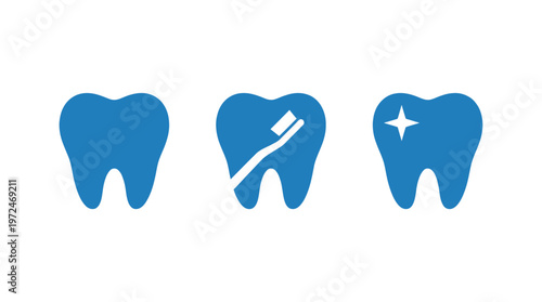 Dental Hygiene Icons: Healthy Tooth, Brushing Tooth, Sparkling Tooth
