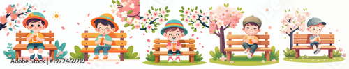 vector of a little boy sitting on a park bench drinking iced orange juice together in spring