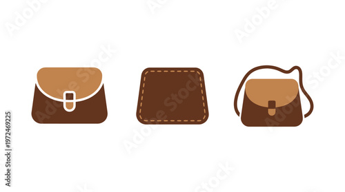 Set of brown leather handbags, crossbody bag and purse icon, flat design.