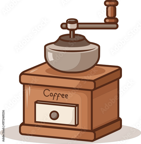 Manual Coffee Grinder Flat Illustration, Vintage Coffee Mill Icon