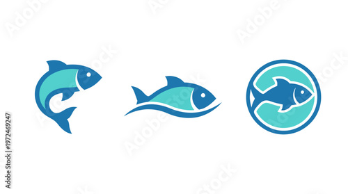 Set of stylized fish icons, blue and turquoise, isolated on white background