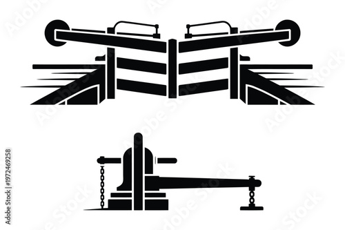 Black silhouette vector illustration of a ship lock gate and a mooring bollard