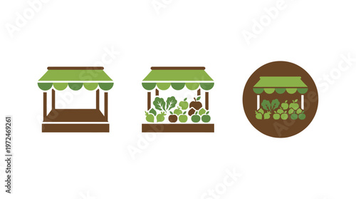 Fresh Produce Market Stalls Icons: Empty, Full, and Circular Design