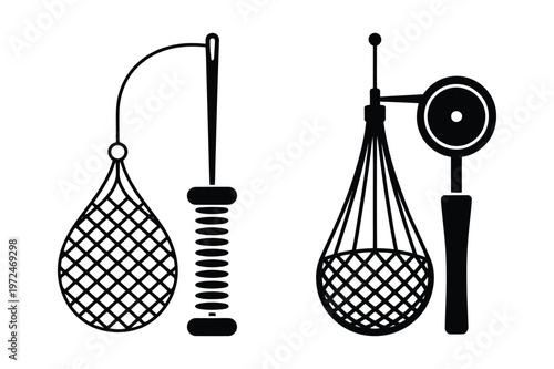 Fishing net and thread spool, sewing needle and bobbin