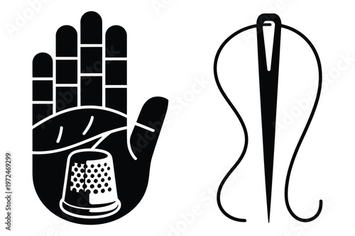 Hand with thimble and needle with thread icons