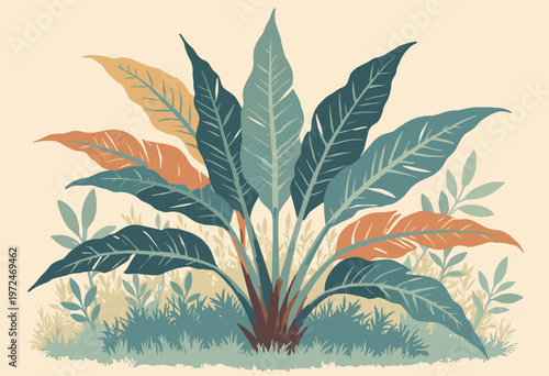 Calathea Orbifolia its distinct silverstriped, oversized leaves Illustrated highly detailed, repetitive lines mimicking natural patterns Earthy, muted tones sage terracotta Room typography