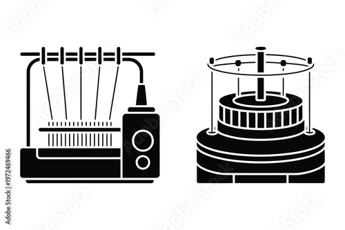 Vector icons of textile machinery: knitting machine and bobbin winder