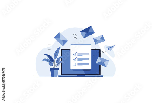 Email marketing, checklist, laptop, productivity icons, blue vector graphics