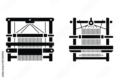 Two silhouette illustrations of weaving looms with textile manufacturing