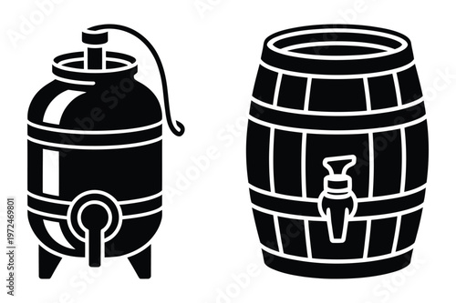 Fermentation tank and wooden barrel with tap icon set for wine or cider making