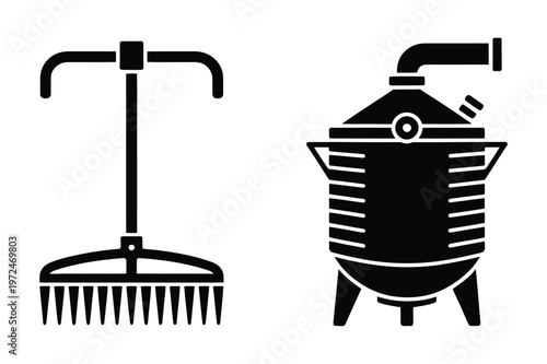 Mashing rake and industrial boiler icon set for beverage or food processing