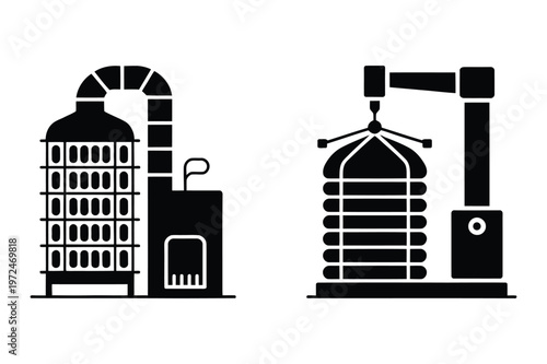 Industrial kiln dryer and mechanical press machine icon set for manufacturing
