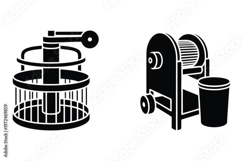 Agricultural fruit press and industrial shredder machine silhouette vector icons