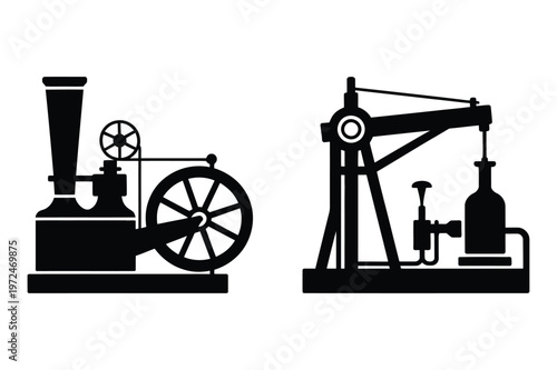 Vintage steam engine and early industrial machine silhouette vector icons