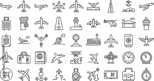 Aviation and airport travel line icon set with airplane flight takeoff landing and suitcase symbols vector