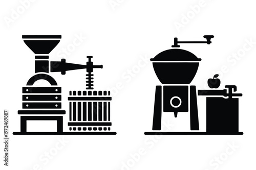 Apple processing equipment icons showing a fruit press and a crusher machine