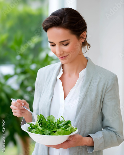 Elegant woman in light gray blazer holding a bowl of fresh green salad, smiling while standing indoors with plants and natural light in the background