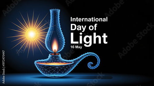 International day of light on may 16th celebration with glowing lamp and shining star on dark background