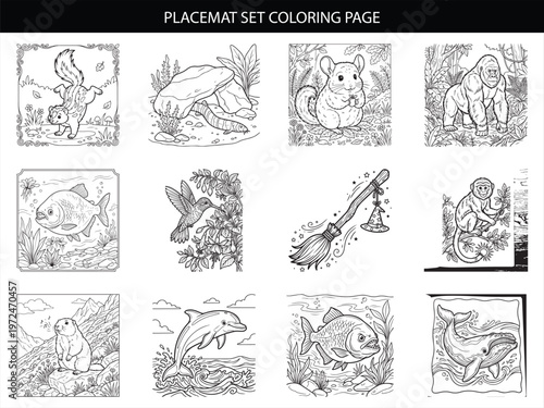 Educational coloring page set featuring twelve animal and nature themed line art illustrations for kids creative activities and projects