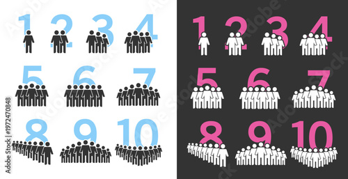 Set of people icons from 1 to 10 figures. Crowd signs for participants, groups, teams, meetings, organization, community, audience and population. Vector symbols for discussion, assembly and interview