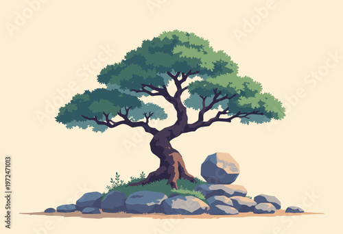 ancient, stylized Bonsai tree gripping geometric stone Rendered sleek, modern minimalist style sharp angles flat colors Zen tranquility concept Blank space above