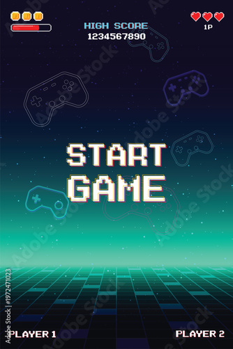 START GAME. Retro Futurism Sci-Fi Background. glowing neon grid and star from vintage arcade computer games