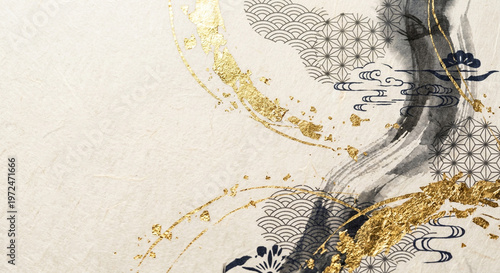 Japanese modern abstract background with gold leaf and traditional patterns on washi texture