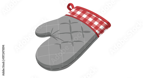 Quilted Grey Oven Mitt with Red Gingham Trim on White Background