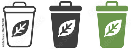 green recycling bin icons with leaves, representing organic waste management and compost systems, eco friendly sustainability concept, clean environment illustration, modern minimal design