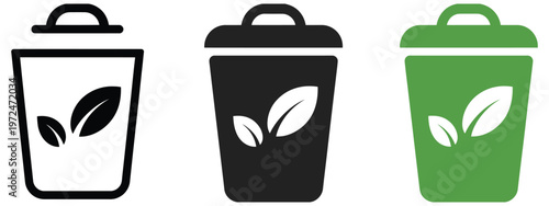green recycling bin icons with leaves, representing organic waste management and compost systems, eco friendly sustainability concept, clean environment illustration, modern minimal design