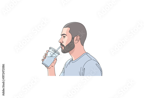 Man drinking water, hydration illustration, healthy lifestyle vector, thirsty person