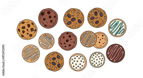 Set of Hand Drawn Assorted Cookies and Biscuits on White Background
