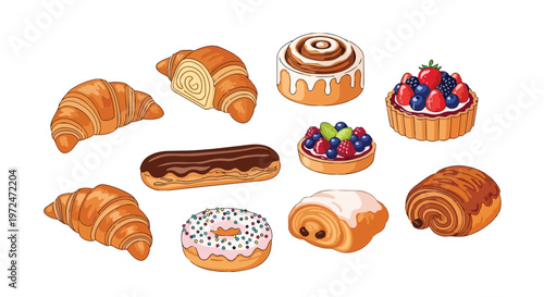 Set of Delicious Assorted Pastries and Sweet Baked Goods
