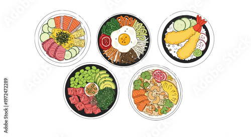 Set of Hand Drawn Asian Rice Bowls with Sushi Poke Bibimbap and Tempura