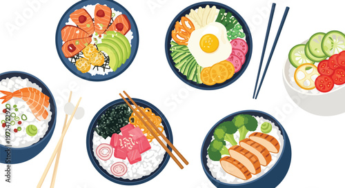Collection of Assorted Asian Rice Bowls with Fresh Toppings and Chopsticks