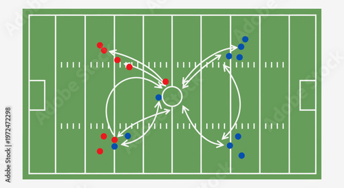 American football field with player positions and strategic movement arrows illustrating a tactical game play.