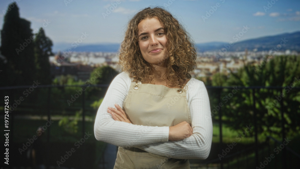 Obraz premium Woman young curly hair wearing apron with crossed arms on a building balcony overlooking city skyline and garden rail; calm confidence.