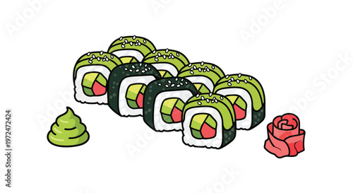 Hand Drawn Illustration of Avocado Tuna Sushi Rolls with Wasabi and Ginger