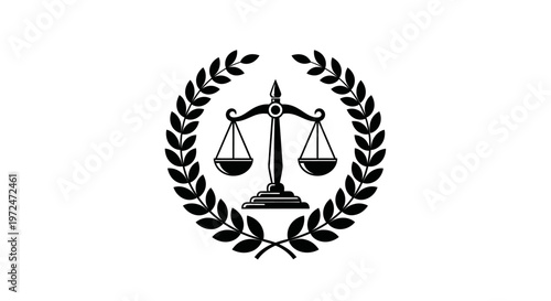 Scales of Justice with Laurel Wreath Symbolizing Law and Balance on Isolated White Background.