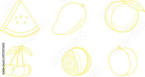 Collection of minimalist outline fruit icons including tropical and summer varieties designed as simple vector elements for healthy lifestyle apps and food branding