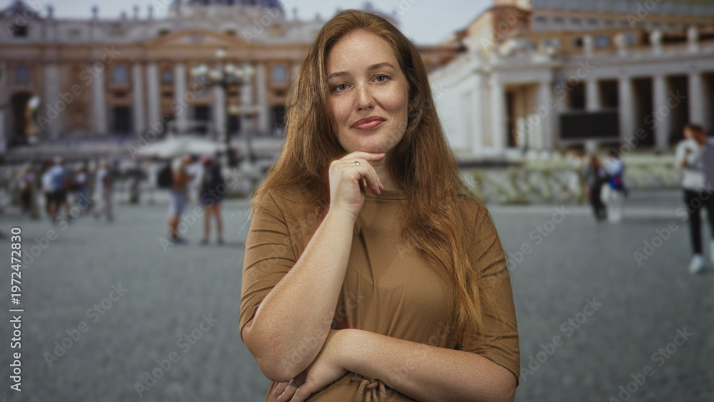Fototapeta premium Young caucasian woman standing with hand on chin in front of a historic building entrance on cobblestone plaza; serenity.